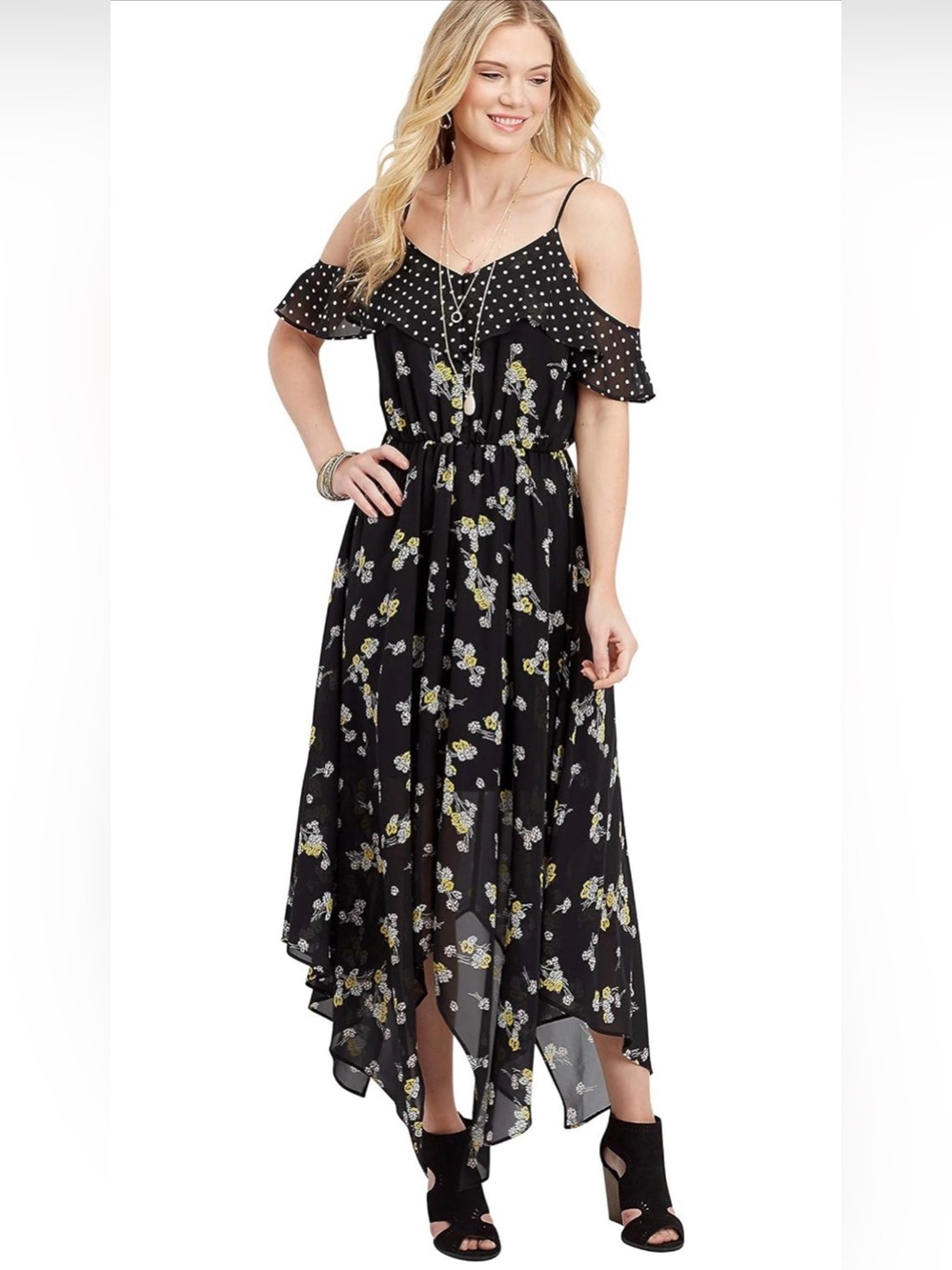 Maurices Hanky Hem Cold Shoulder Floral Maxi Dress Size 3X Boho Indie Floral